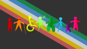 imagem com fundo preto e ricas diagonais com cor verde, azul, branca, amarela e vermelha. Por cima, uma imagem com representação de pessoas LGBTQI com deficiência